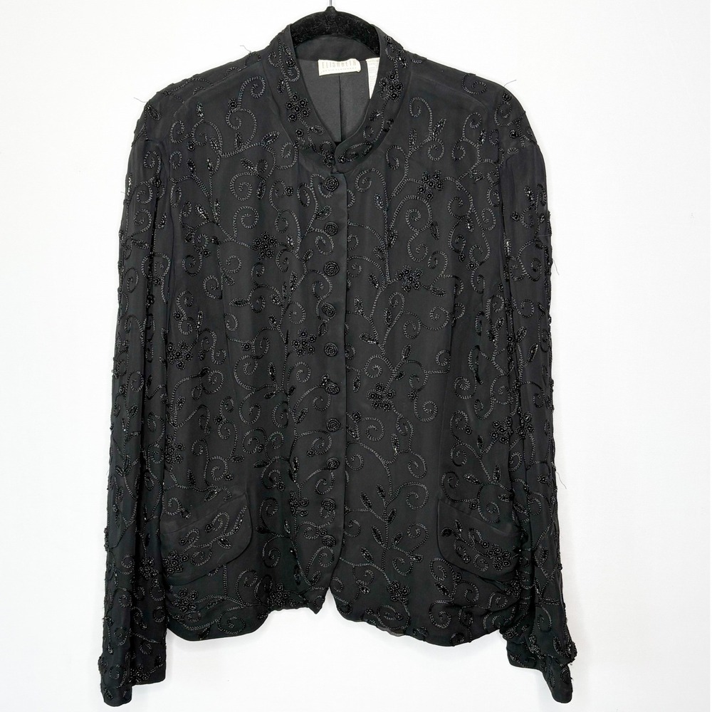 Elisabeth Liz Claiborne Black Silk Beaded Evening Jacket Blazer Women Size 16
